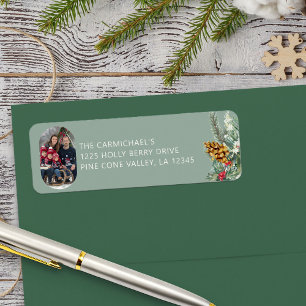 家族の写真グリーンホリーパインクリスマスアドレス ラベル