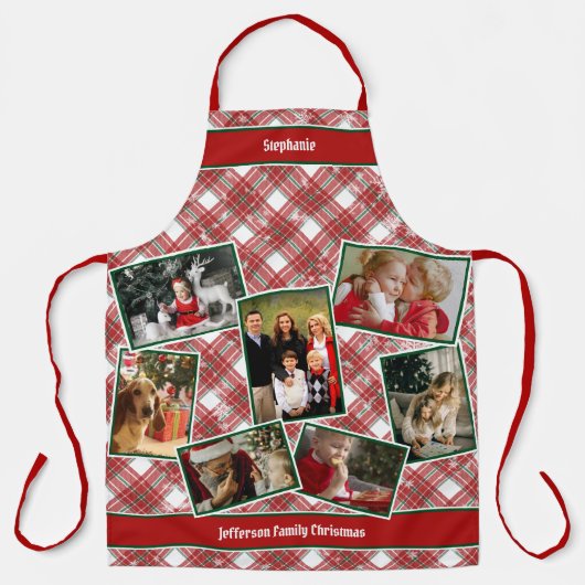 家族の写真コラージュと名前クリスマスプレイド エプロン (正面)