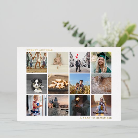 家族の写真コラージュのクリスマスを思い出す年 箔シーズンカード (立ち正面)