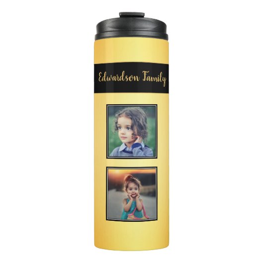 家族の写真コラージュのモノグラム金ゴールドを作成する タンブラー (正面)