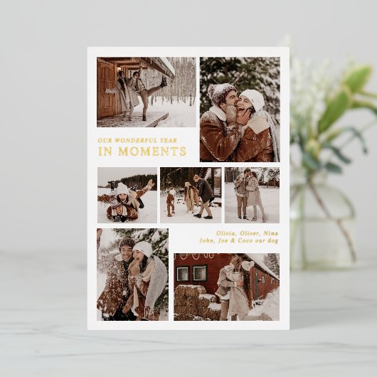 家族の写真コラージュの年クリスマス 箔シーズンカード (立ち正面)