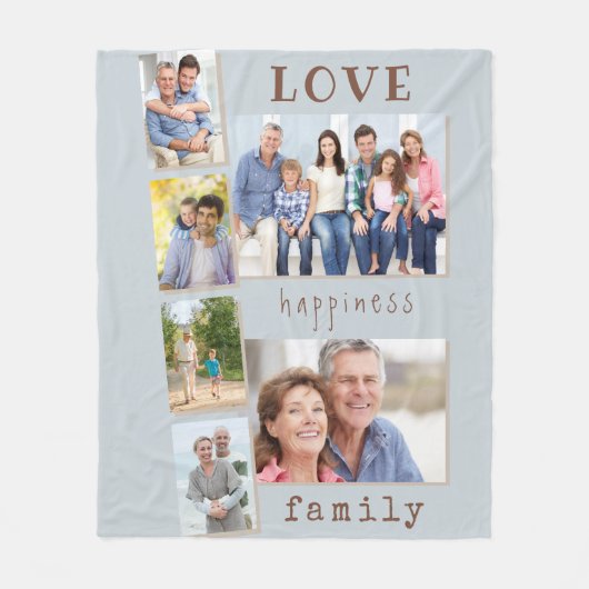 家族の写真コラージュの愛と幸福引用文ブルー フリースブランケット (正面)