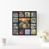 家族の写真コラージュの黒い四角を作成する スクエア壁時計 (ホーム)