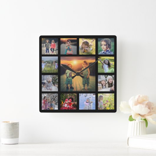 家族の写真コラージュの黒い四角を作成する スクエア壁時計 (ホーム)