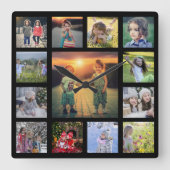 家族の写真コラージュの黒い四角を作成する スクエア壁時計 (正面)