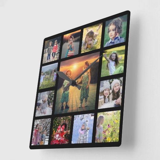 家族の写真コラージュの黒い四角を作成する スクエア壁時計 (傾斜)