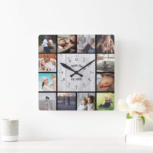 家族の写真コラージュはライトウッドをパーソナライズ スクエア壁時計 (ホーム)