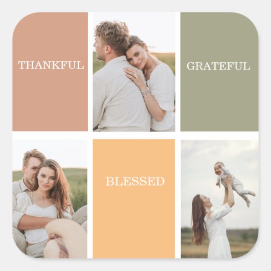 家族の写真コラージュステッカー | 感謝と幸せと喜び スクエアシール (正面)
