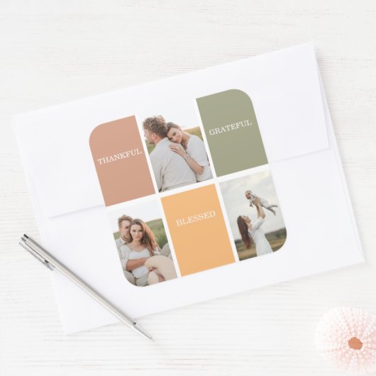 家族の写真コラージュステッカー | 感謝と幸せと喜び スクエアシール (封筒)