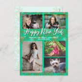 家族の写真コラージュターコイズ新年の挨拶 シーズンポストカード (正面/裏面)