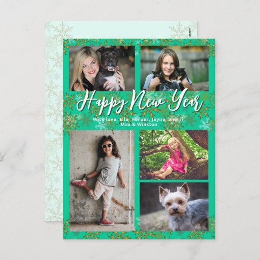 家族の写真コラージュターコイズ新年の挨拶 シーズンポストカード (正面/裏面)