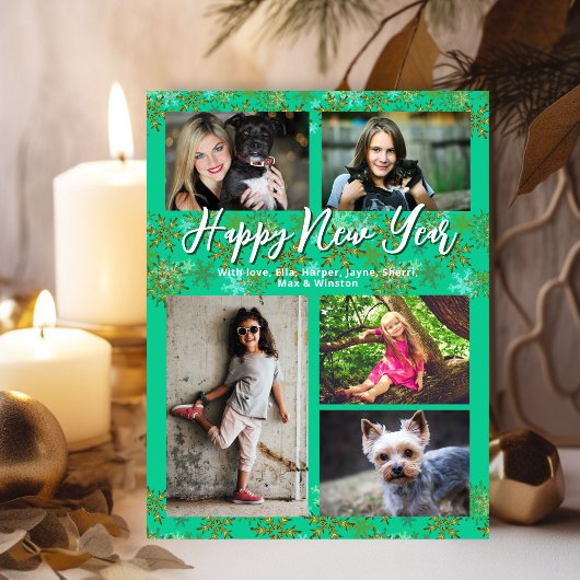 家族の写真コラージュターコイズ新年の挨拶 シーズンポストカード