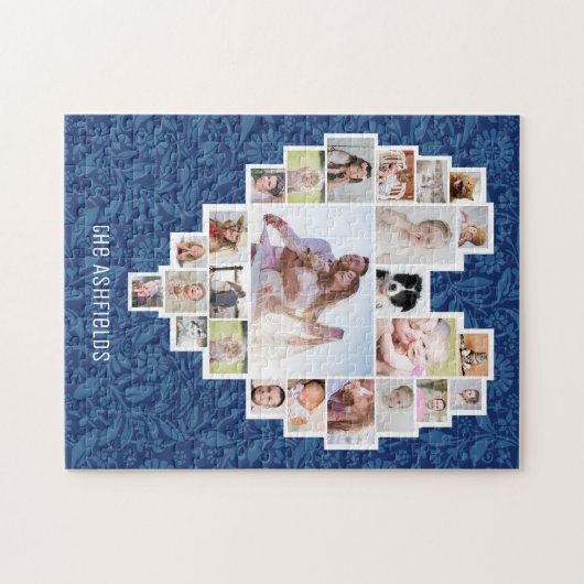 家族の写真コラージュハートブルーフローラ25写真名 ジグソーパズル (横)