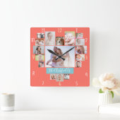 家族の写真コラージュハート17写真名サンゴ スクエア壁時計 (ホーム)