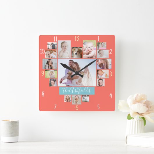 家族の写真コラージュハート17写真名サンゴ スクエア壁時計 (ホーム)