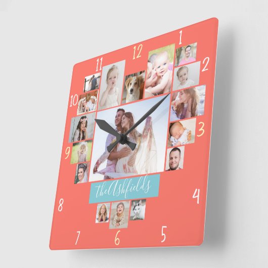 家族の写真コラージュハート17写真名サンゴ スクエア壁時計 (傾斜)