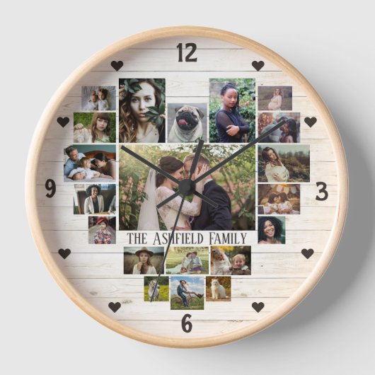 家族の写真コラージュ名でハート20写真Lt Wood 壁時計 (正面)