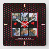 家族の写真コラージュ家族のハート黒い背景 スクエア壁時計 (正面)