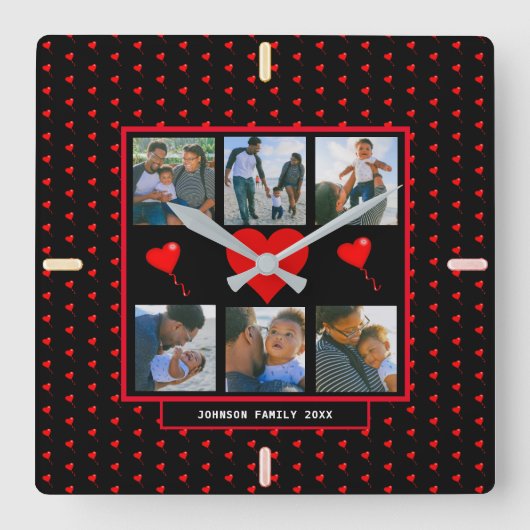 家族の写真コラージュ家族のハート黒い背景 スクエア壁時計 (正面)
