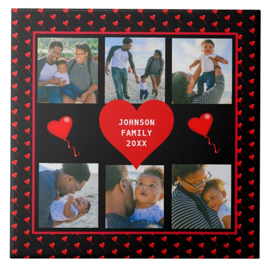 家族の写真コラージュ家族のハート黒い背景 タイル (正面)