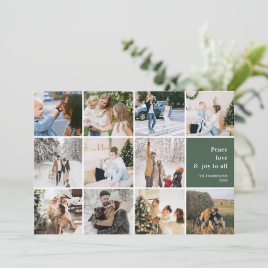 家族の写真コラージュ平和ラブジョークリスマス シーズンカード (スタンド正面)