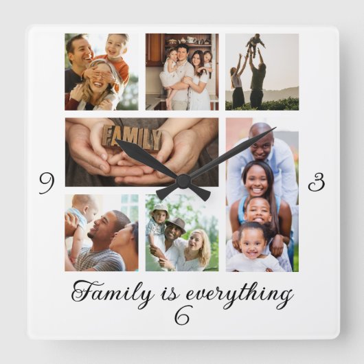 家族の写真コラージュ懇親会完璧なギフト スクエア壁時計 (正面)