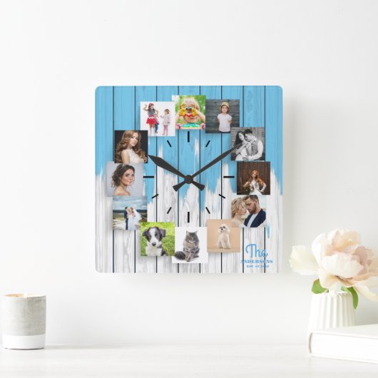 家族の写真コラージュ木材 スクエア壁時計 (ホーム)