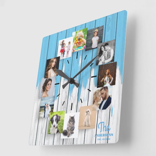 家族の写真コラージュ木材 スクエア壁時計 (傾斜)
