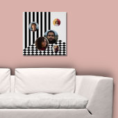 家族の写真コラージュ白ストライプ黒市松模様に色 ポスター