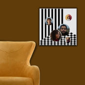 家族の写真コラージュ白ストライプ黒市松模様に色 ポスター