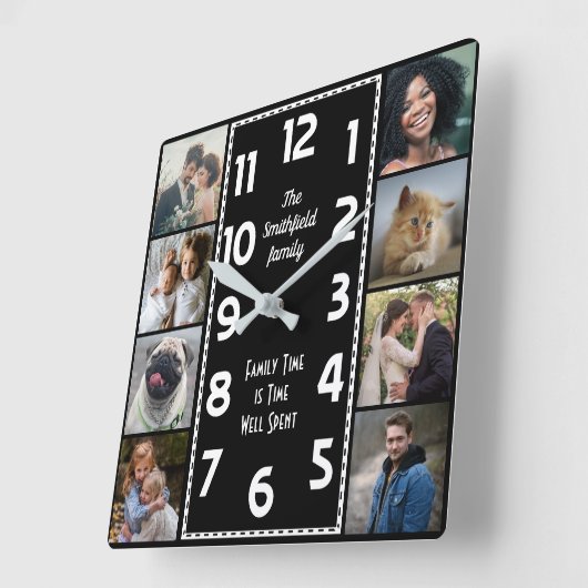 家族の写真コラージュ白黒アールデコ簡単 スクエア壁時計 (傾斜)