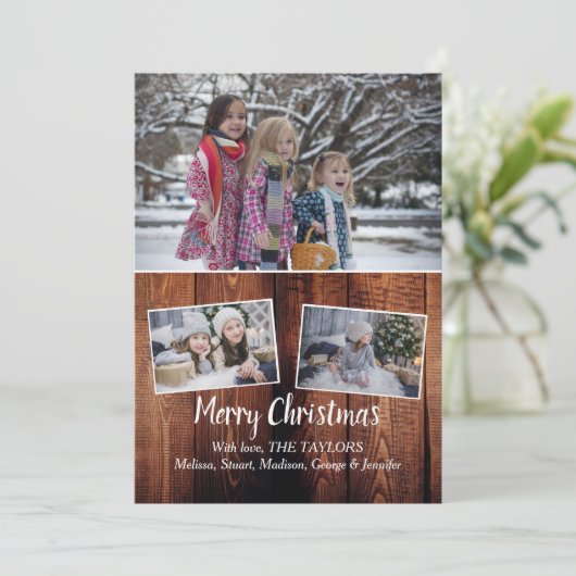 家族の写真コラージュ納屋の木メリークリスマス シーズンカード (スタンド正面)