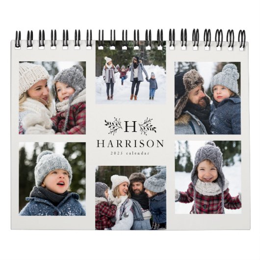家族の写真コラージュ素朴なモノグラムブラック&クリーム カレンダー (カバー)