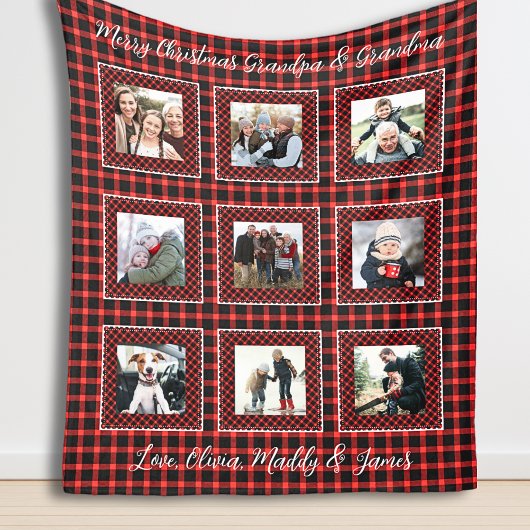 家族の写真コラージュ赤い格子模様クリスマス フリースブランケット