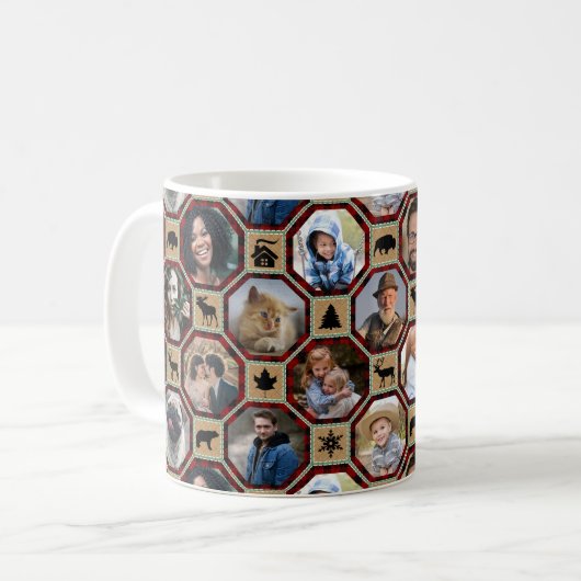 家族の写真コラージュ赤い黒バッファロープレイドキルト コーヒーマグカップ (正面左)