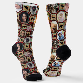 家族の写真コラージュ赤い黒バッファロープレイドキルト ソックス