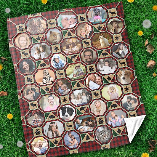 家族の写真コラージュ赤い黒バッファロープレイドキルト フリースブランケット