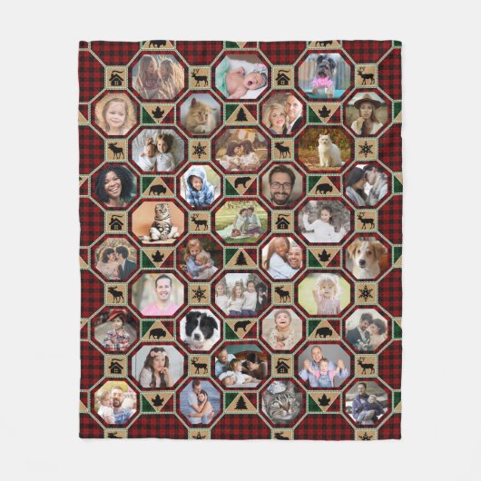 家族の写真コラージュ赤い黒バッファロープレイドキルト フリースブランケット (正面)
