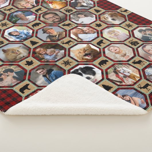 家族の写真コラージュ赤バッファロープレイドキルトLg Sm シェルパブランケット (3/4)