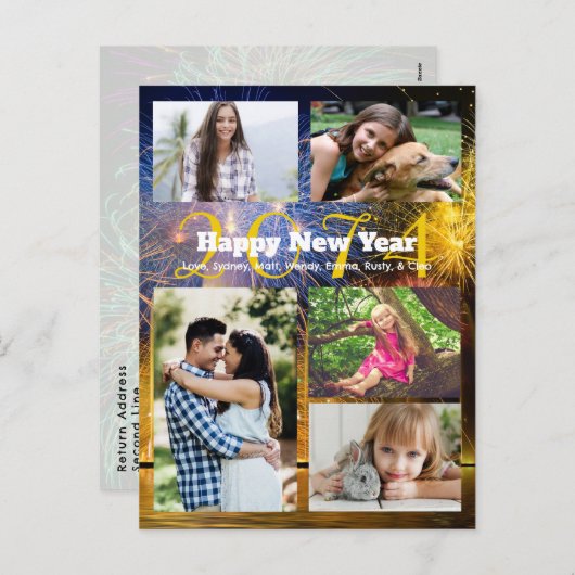家族の写真コラージュ赤金ゴールド新年の挨拶 シーズンポストカード (正面/裏面)
