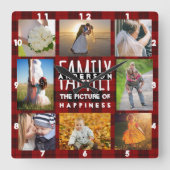 家族の写真コラージュ追加の名前8写真赤い格子縞 スクエア壁時計 (正面)