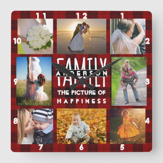家族の写真コラージュ追加の名前8写真赤い格子縞 スクエア壁時計 (正面)