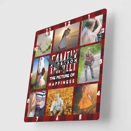 家族の写真コラージュ追加の名前8写真赤い格子縞 スクエア壁時計 (傾斜)