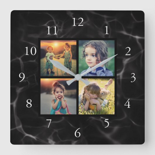 家族の写真コラージュ黒い大理石のパターン スクエア壁時計 (正面)