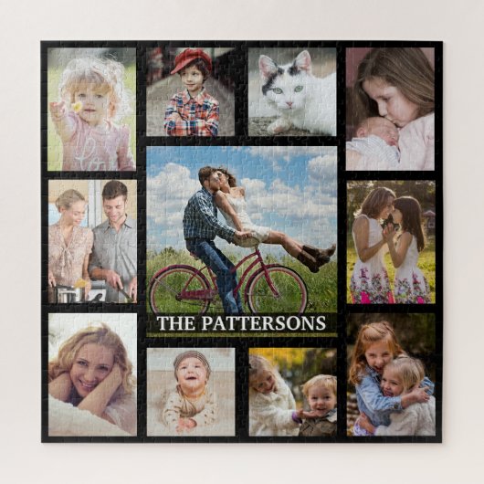 家族の写真コラージュ11写真名正方形ブラック ジグソーパズル (縦)