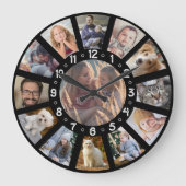 家族の写真コラージュ13の写真と数字簡単ブラック ラージ壁時計 (正面)