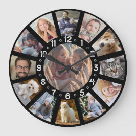 家族の写真コラージュ13の写真と数字簡単ブラック ラージ壁時計