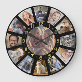 家族の写真コラージュ13写真金ゴールド番号黒 ラージ壁時計