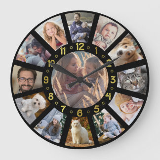 家族の写真コラージュ13写真金ゴールド番号黒 ラージ壁時計