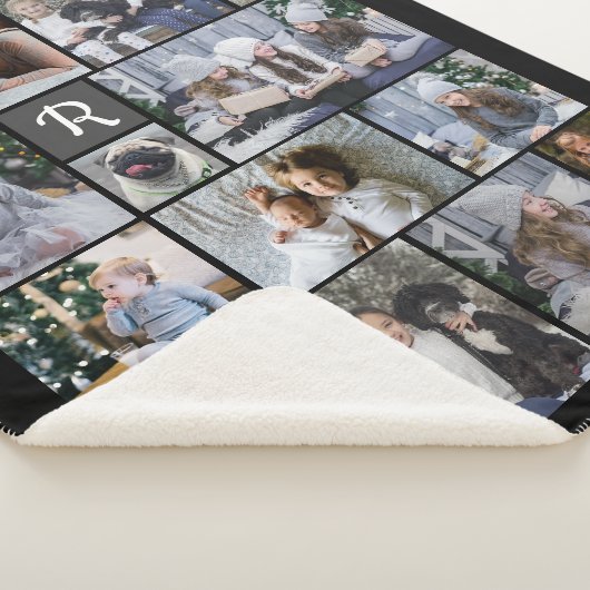家族の写真コラージュ14写真+モノグラムブラック簡単 シェルパブランケット (3/4)